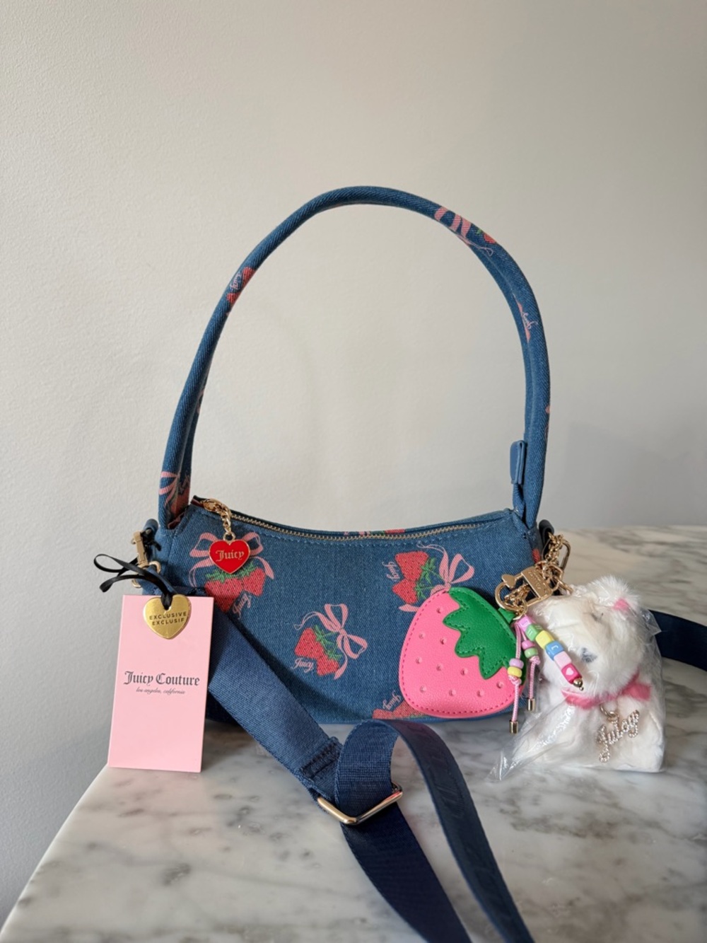 JUICY COTOURE Denim Strawberry Festival Shoulder Bag -Blue with Pink Accents-NEW